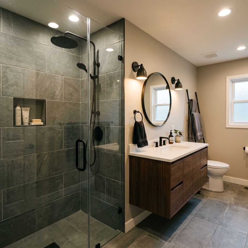 Tiled walk-in shower bathroom project