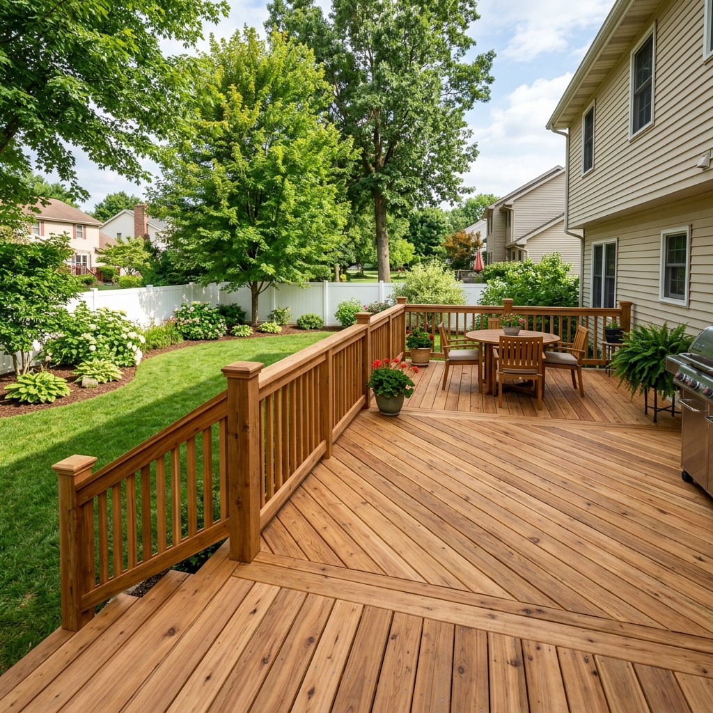 Backyard cedar wood deck building