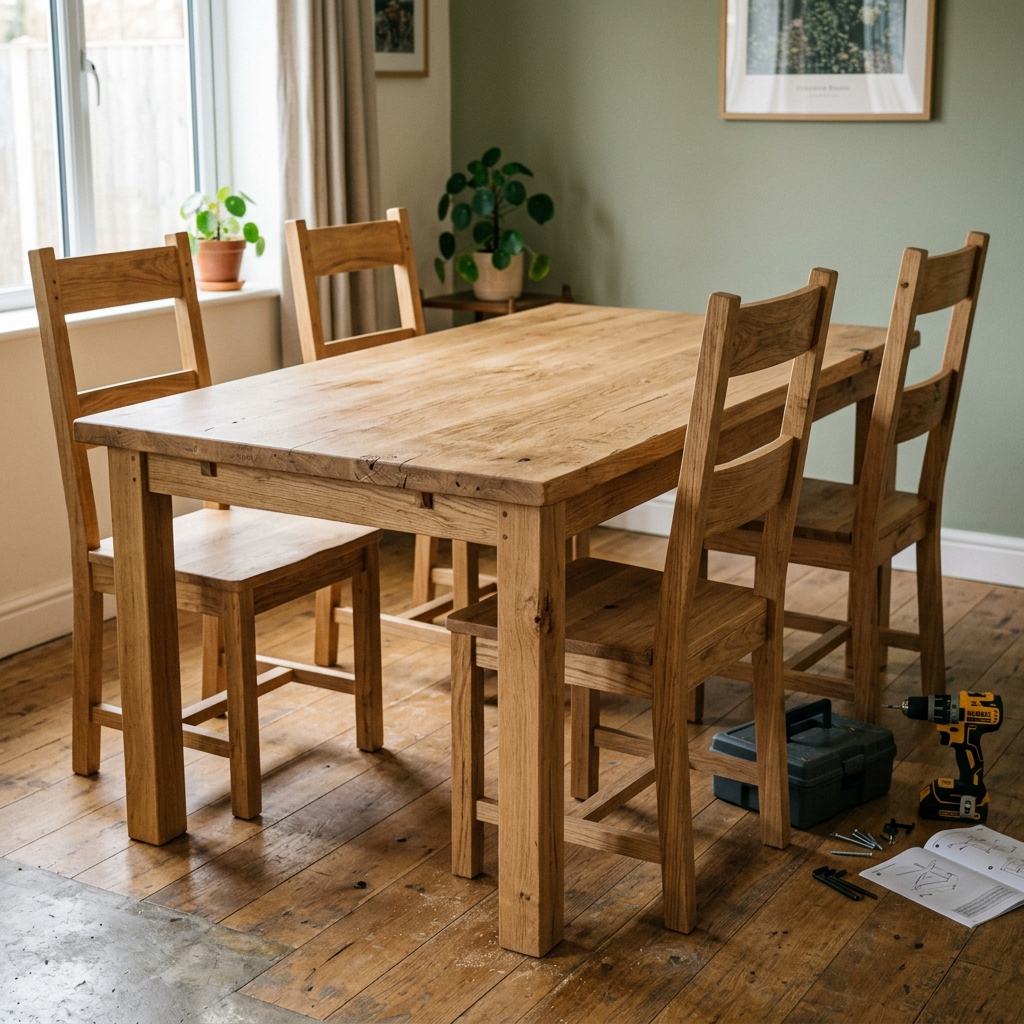 Assembled wooden dining set in kitchen area